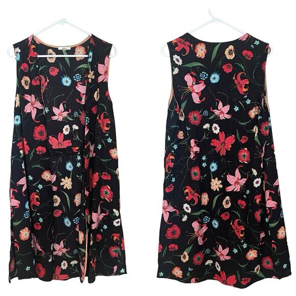 Pleione Floral Open Front Duster Vest Side Split Womens Top Black Red Sz Medium - Picture 2 of 9